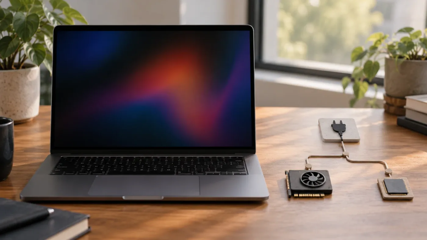 Illustration of a laptop editor checking power mode and choosing a graphics adapter.