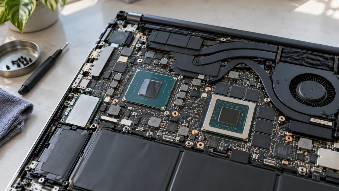 Illustration of a laptop with separate integrated and discrete graphics adapters.