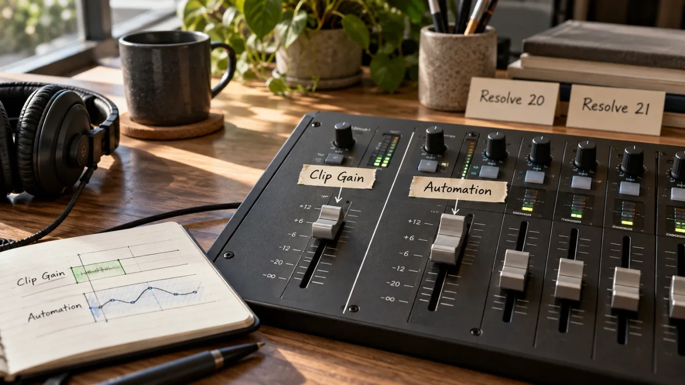 Illustration of DaVinci Resolve version labels beside clip gain and track automation concepts
