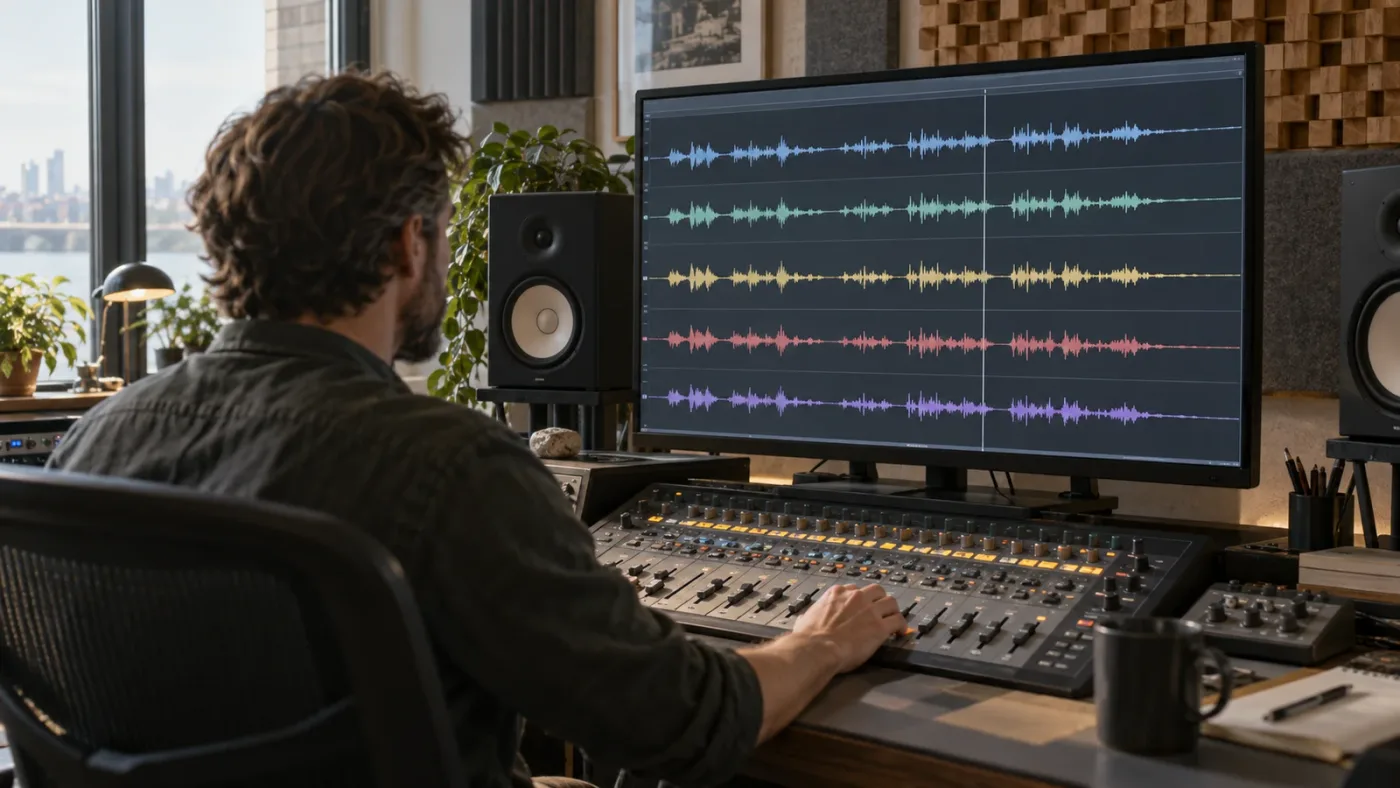 Illustration of several dialogue clips with different overall levels being balanced before a shared track fader