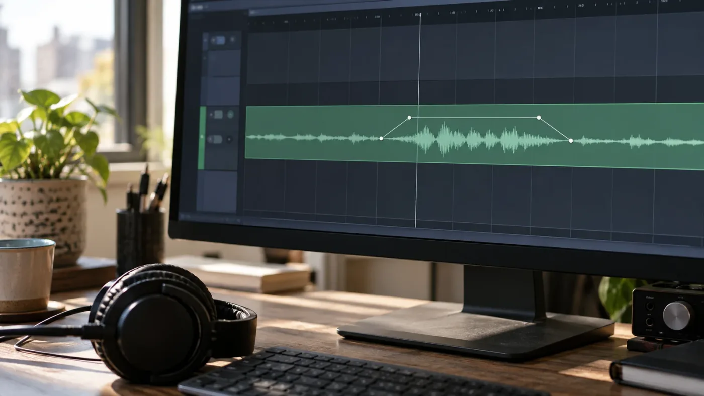 Illustration of four clip volume keyframes isolating one loud spoken phrase