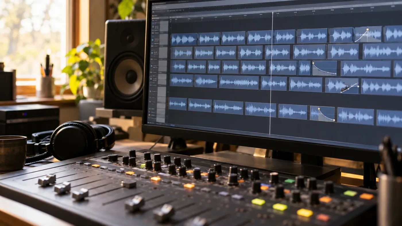 Illustration of a dialogue track with many edits, selected clip gain corrections, and one shared track level