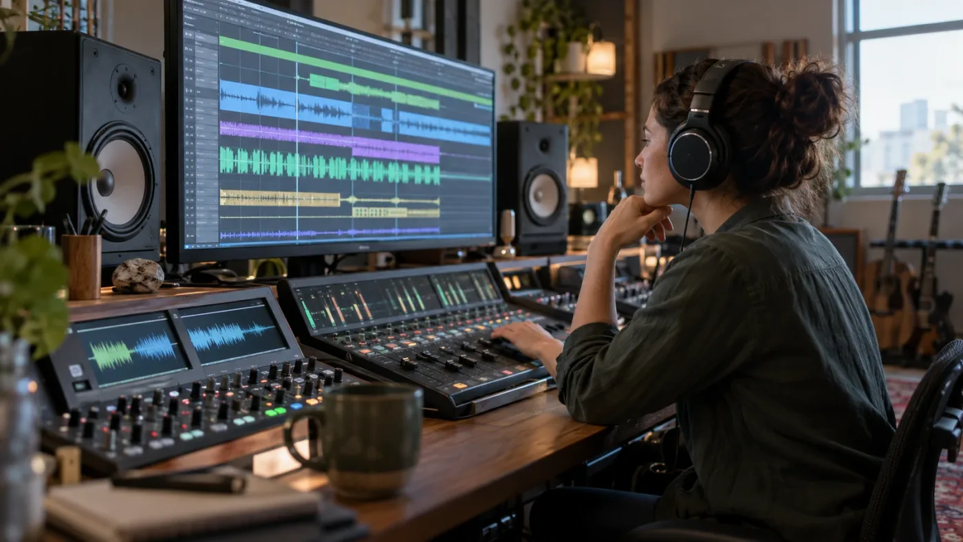Illustration of reviewing individually normalized audio clips in a DaVinci Resolve mix