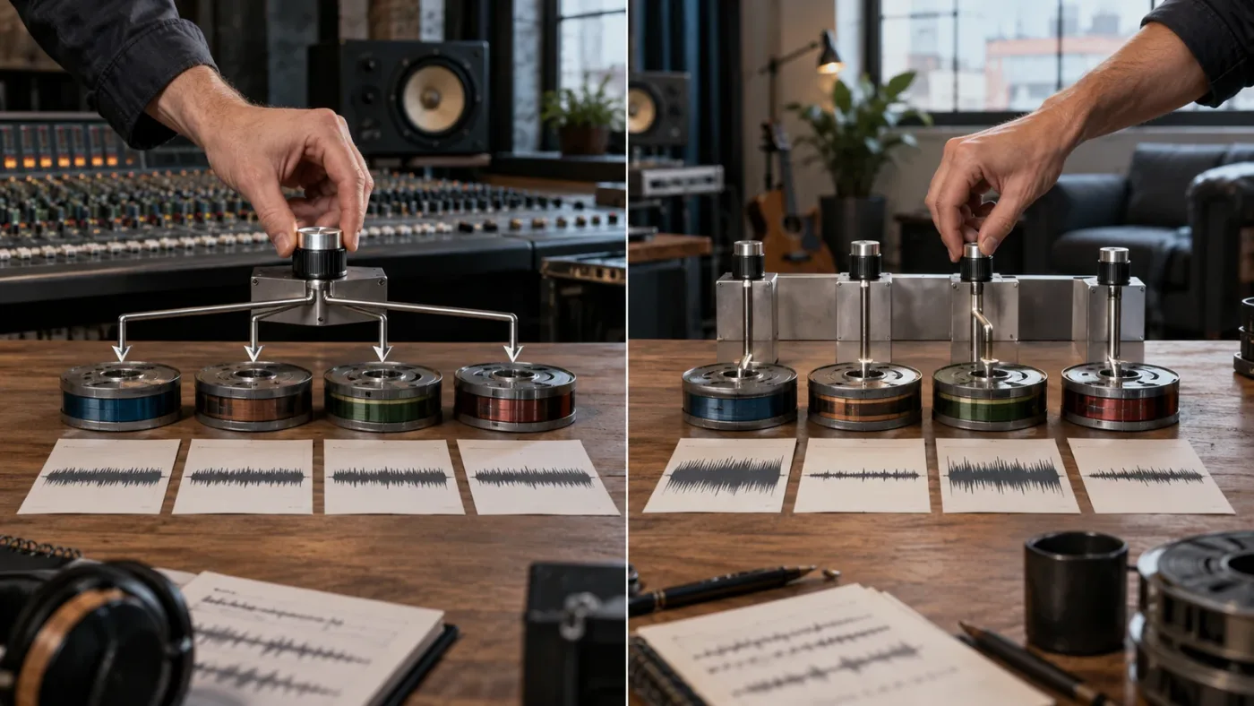 Illustration of Relative versus Independent audio normalization in DaVinci Resolve