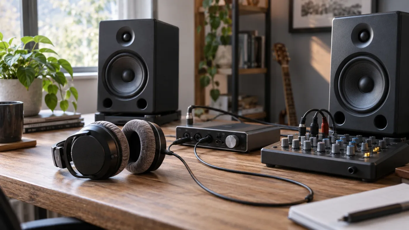 Illustration of checking a DaVinci Resolve stereo export on headphones and speakers