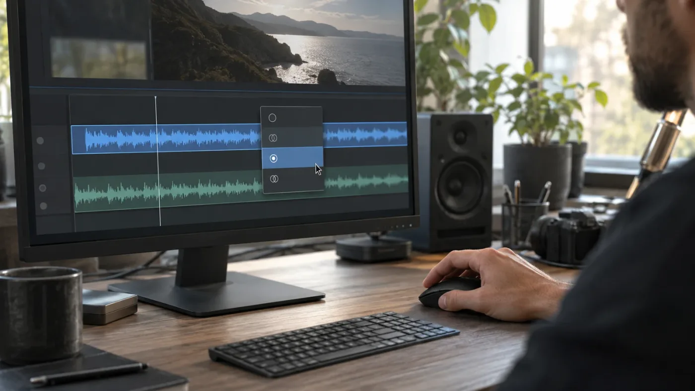 Illustration of changing a dialogue timeline track from stereo to mono