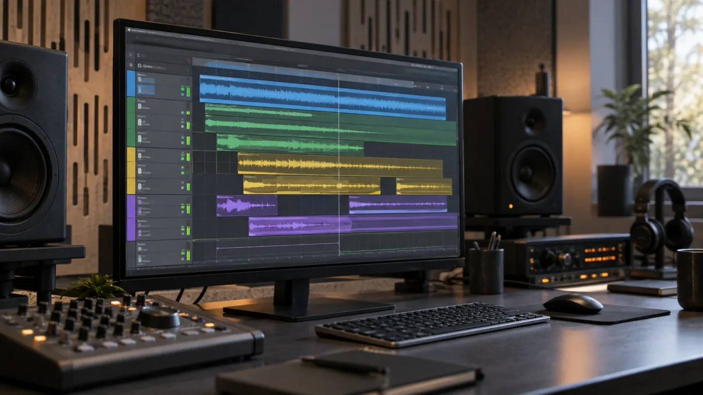 Illustration of a Fairlight folder track organizing child audio tracks in DaVinci Resolve 21