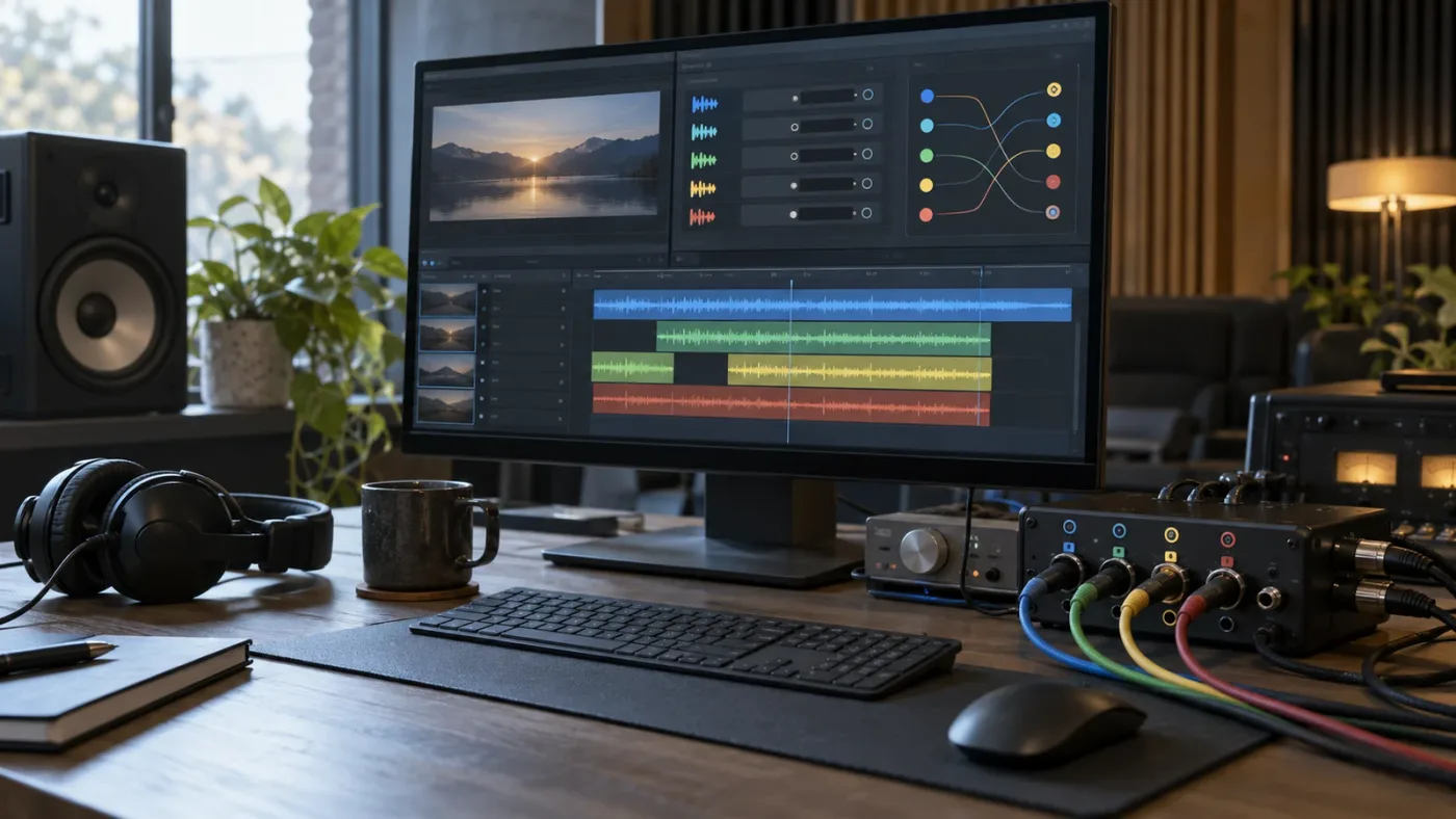 Illustration of audio clip attributes mapping source channels to tracks in DaVinci Resolve