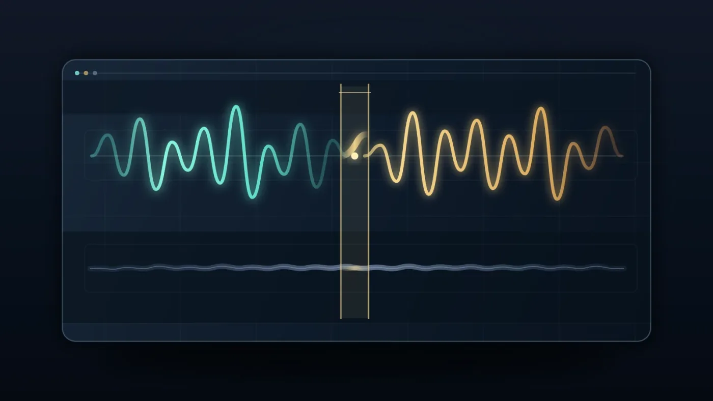 Illustration of dialogue waveforms and room tone layered under an audio transition