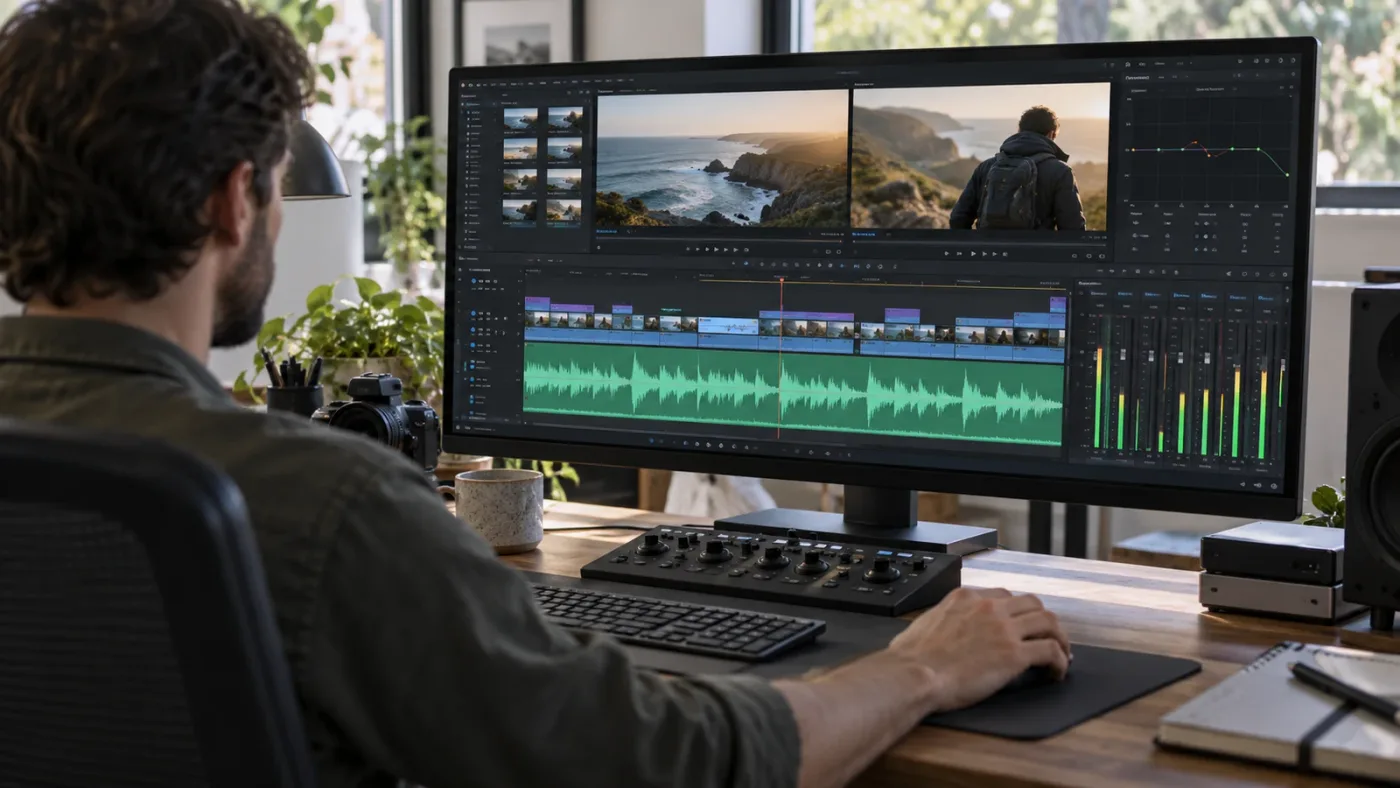 Illustration of Edit and Fairlight timeline workspaces with audio tracks at different heights