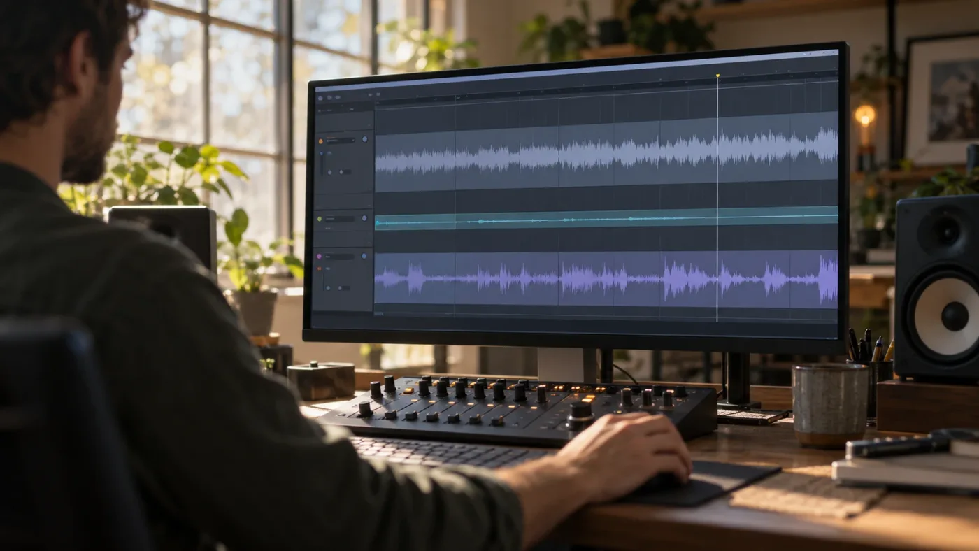 Illustration of a Fairlight audio waveform enlarged inside a timeline track