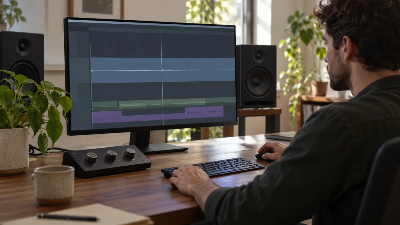 Illustration of three audio timeline controls for track height, waveform display, and sound level