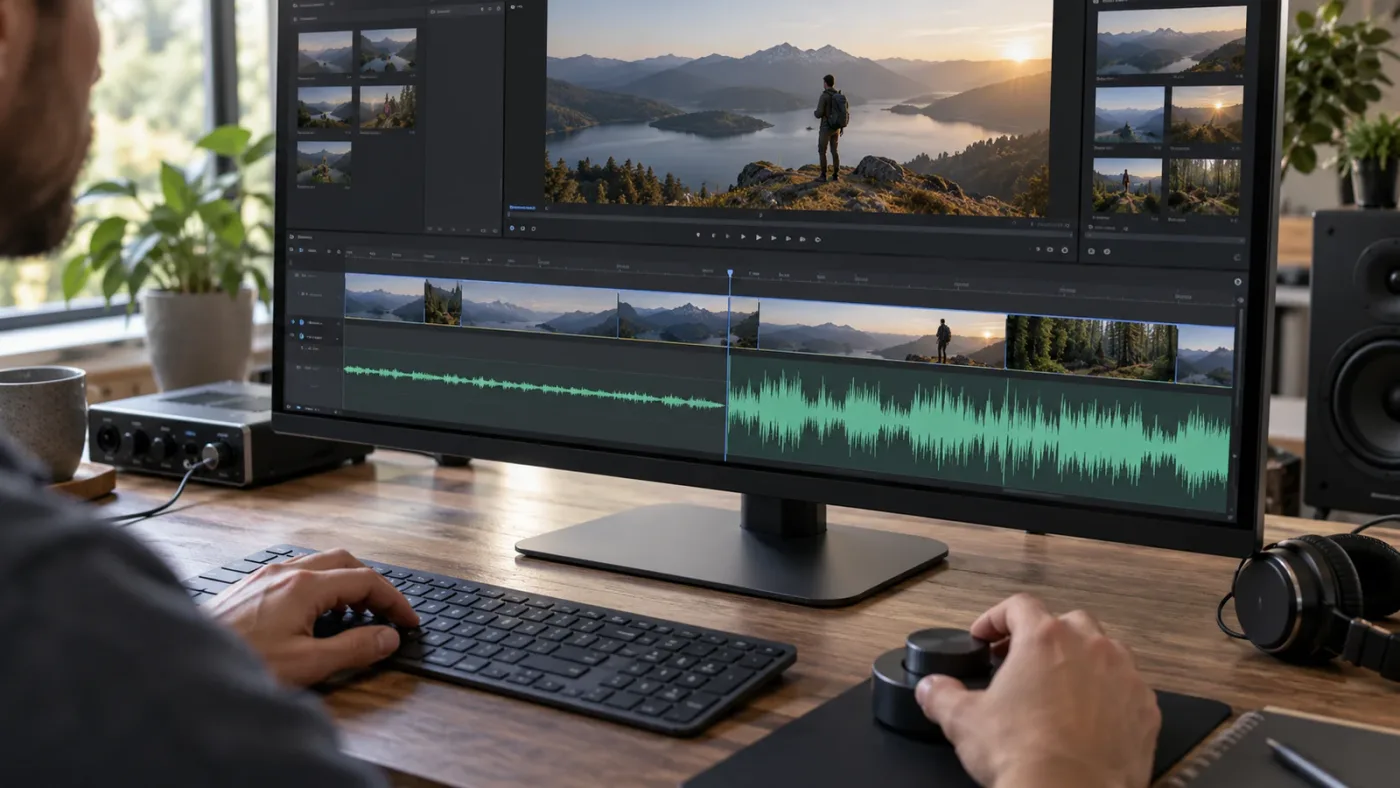 Illustration of a DaVinci Resolve audio timeline with a short track and a taller track