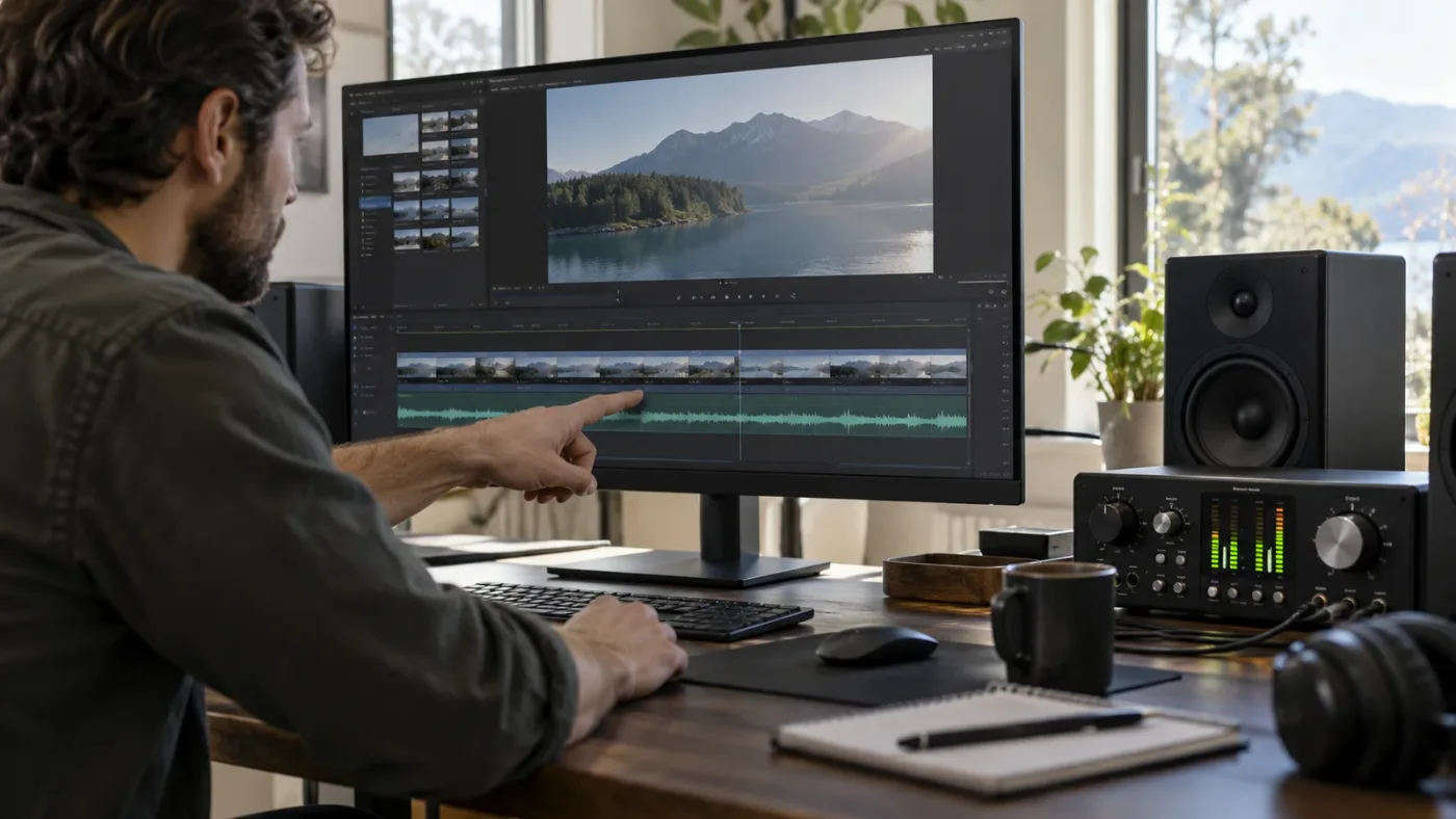 Illustration of an audio editor comparing a timeline waveform and level meters