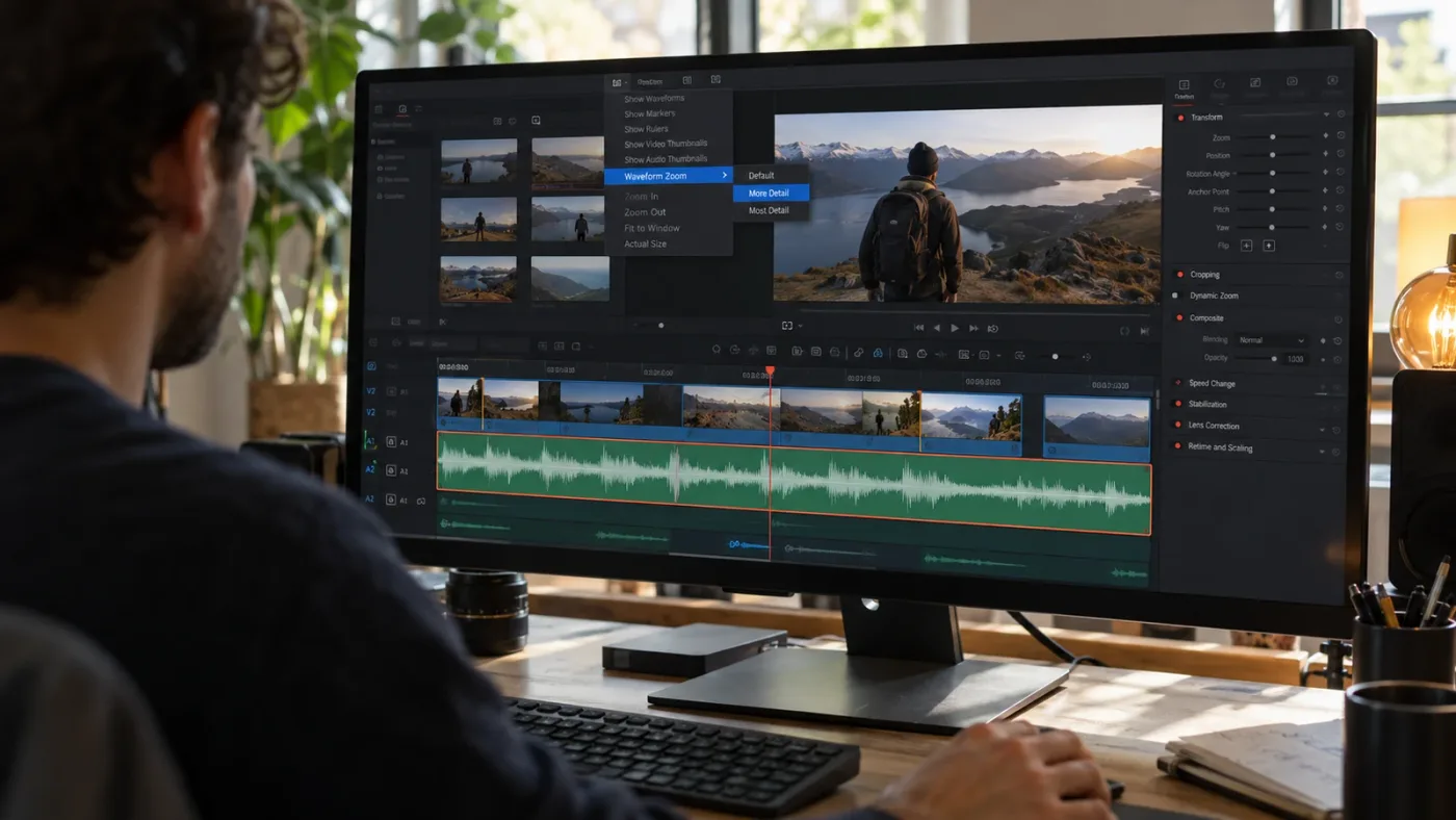 Illustration of the Edit page audio waveform zoom controls in DaVinci Resolve 21.1
