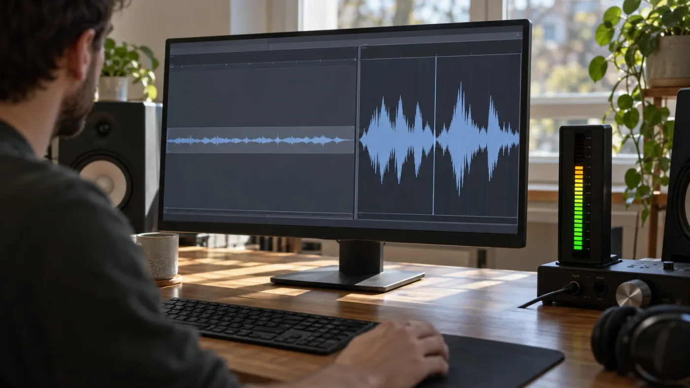 Illustration of a quiet waveform enlarged for viewing while audio meters remain separate