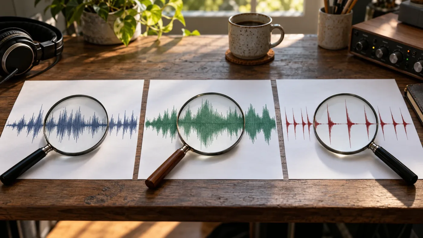 Illustration of waveform zoom choices for dialogue, music, and sound effects