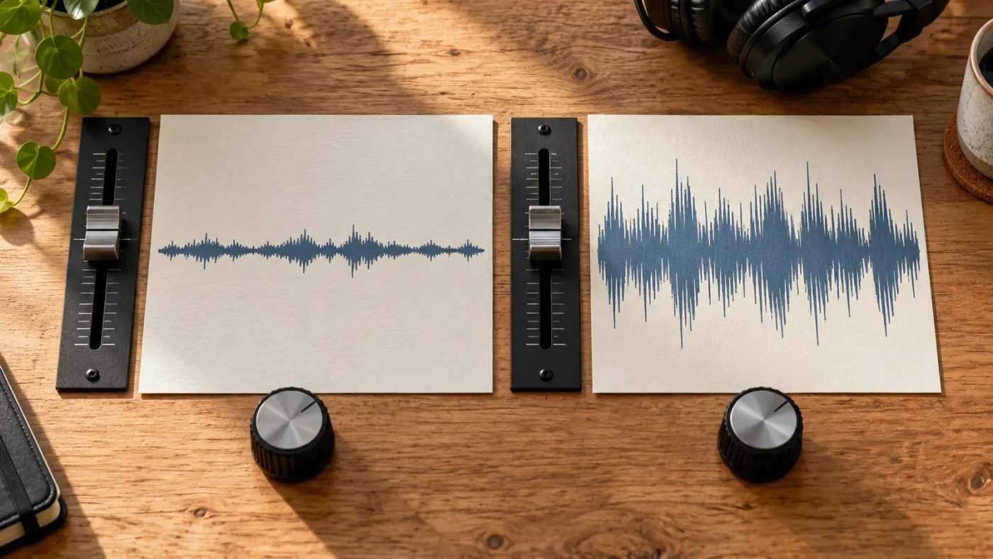 Illustration of waveform display zoom changing without changing audio gain