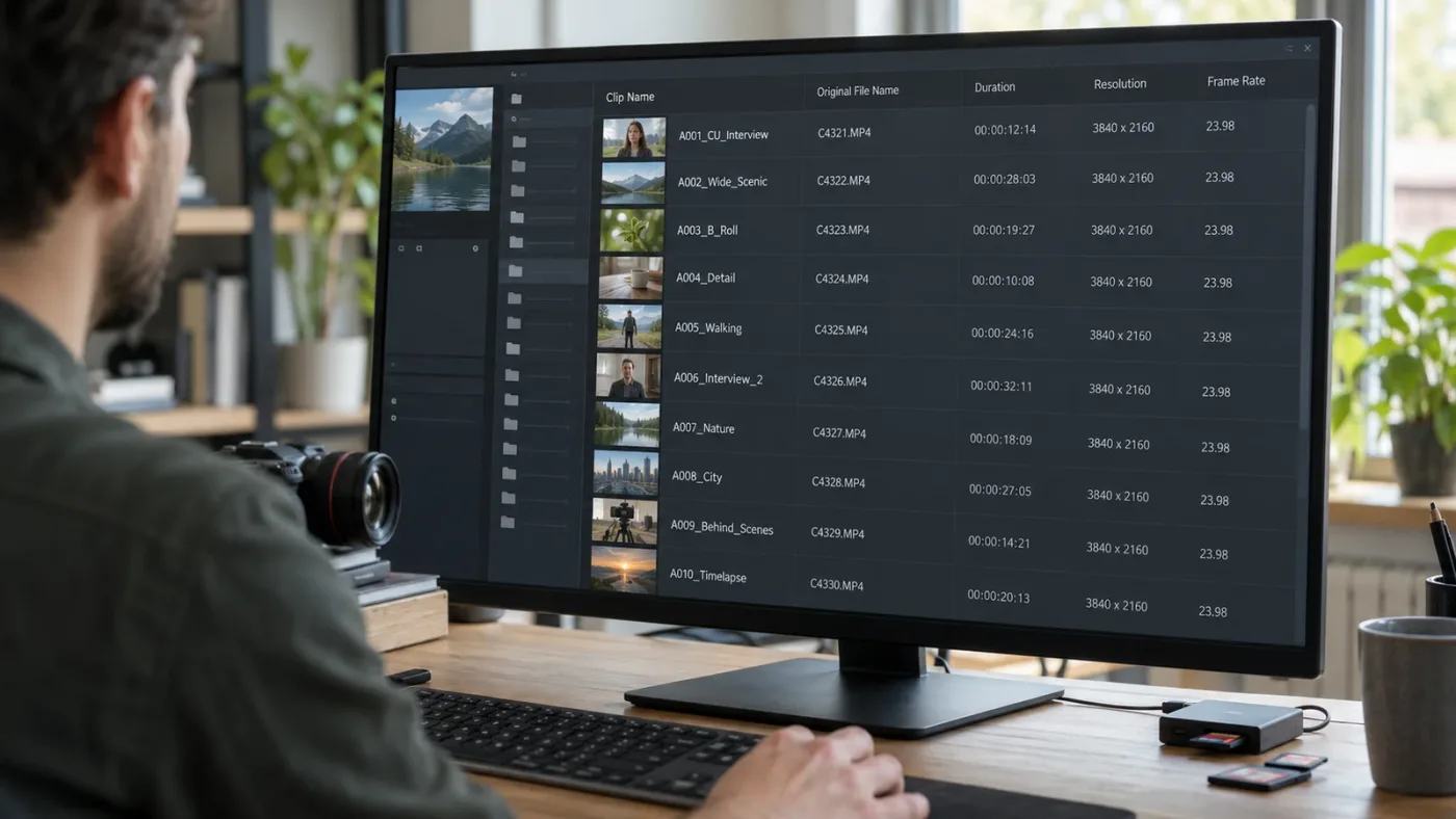 Illustration of DaVinci Resolve Media Pool clip names beside original file names