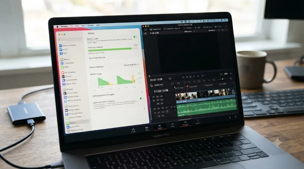 Illustration of the macOS Battery Health settings panel showing reduced Maximum Capacity next to a DaVinci Resolve timeline
