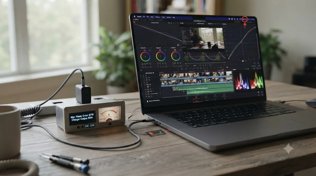 Illustration of a MacBook Pro plugged into a charger with power draw exceeding the adapter's output, drawing the difference from the battery