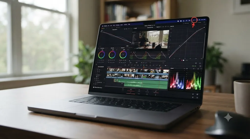 Illustration of a MacBook showing a rapidly draining battery icon next to an open DaVinci Resolve timeline