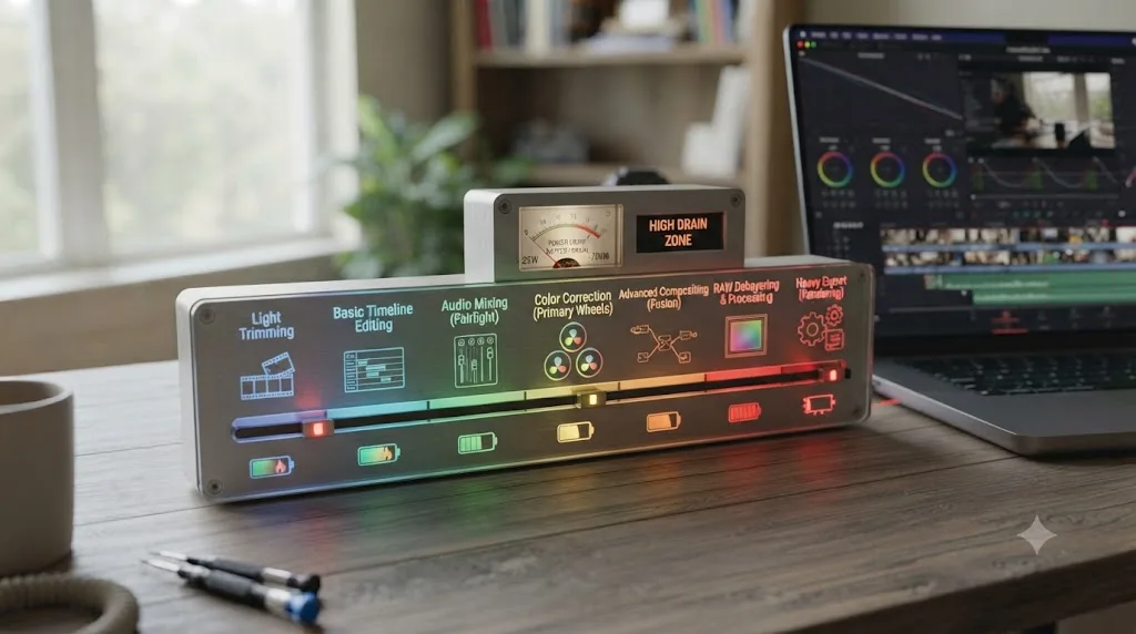 Illustration of a spectrum showing DaVinci Resolve tasks from light trimming to heavy exporting, each labeled with a relative battery drain level
