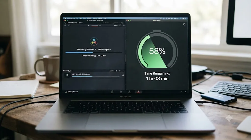 Illustration of a DaVinci Resolve Deliver page render progress bar compared against a battery percentage gauge