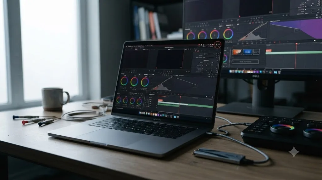 Illustration of a MacBook with an external SSD, control panel, and monitor connected, each drawing power from the battery