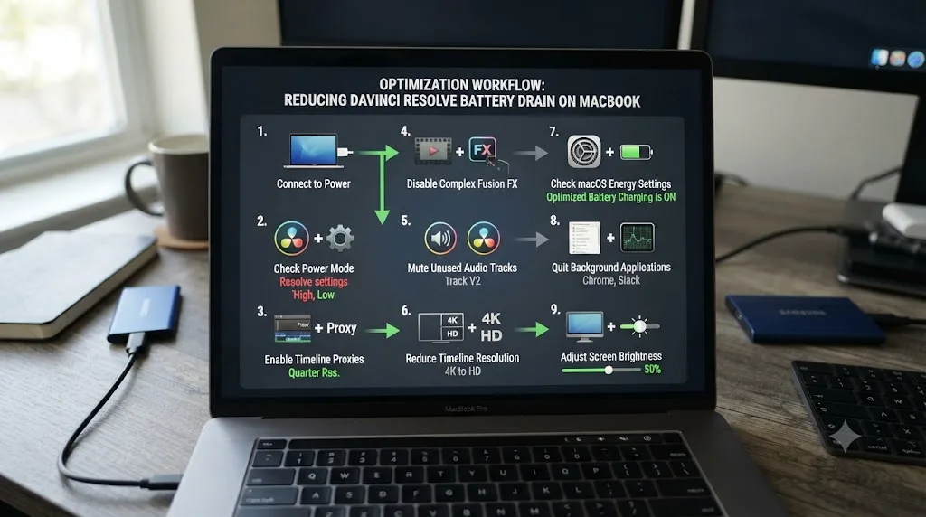 Illustration of a numbered nine step checklist flowchart for reducing DaVinci Resolve battery drain on a MacBook