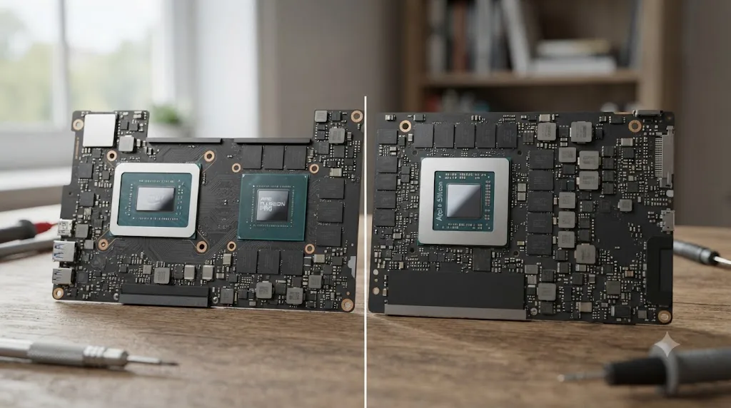 Illustration comparing an Intel MacBook Pro's discrete and integrated GPU chips against a single unified Apple Silicon chip