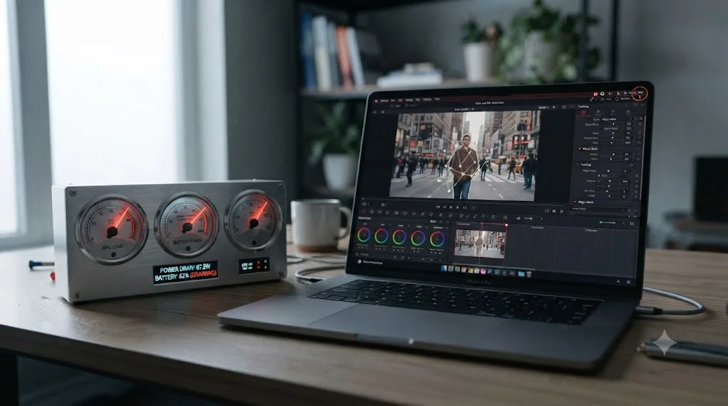 Illustration of DaVinci Resolve's Magic Mask tracking active on a clip, with GPU load and battery drain rising together