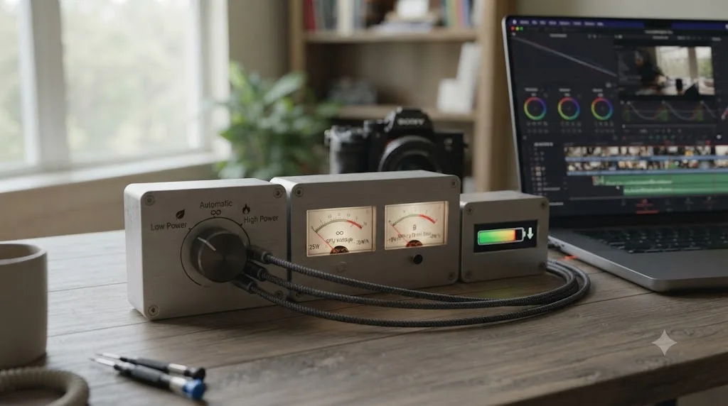 Illustration of a three-way power mode dial connected to a GPU wattage gauge and a battery drain rate indicator