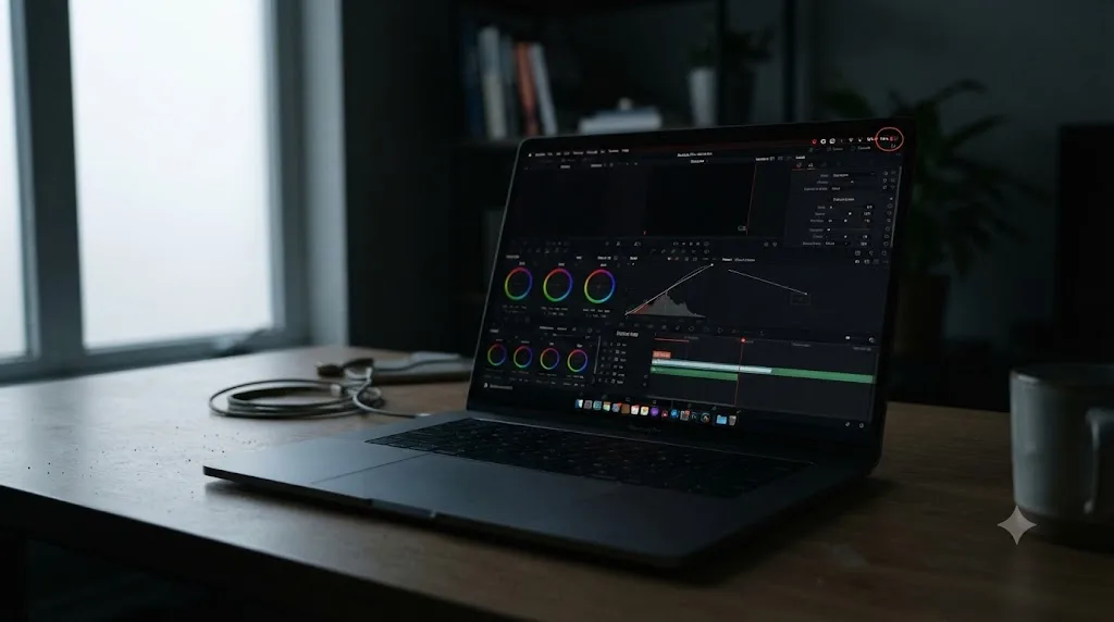 Illustration of a MacBook left open overnight with DaVinci Resolve running in the background and its battery icon steadily dropping
