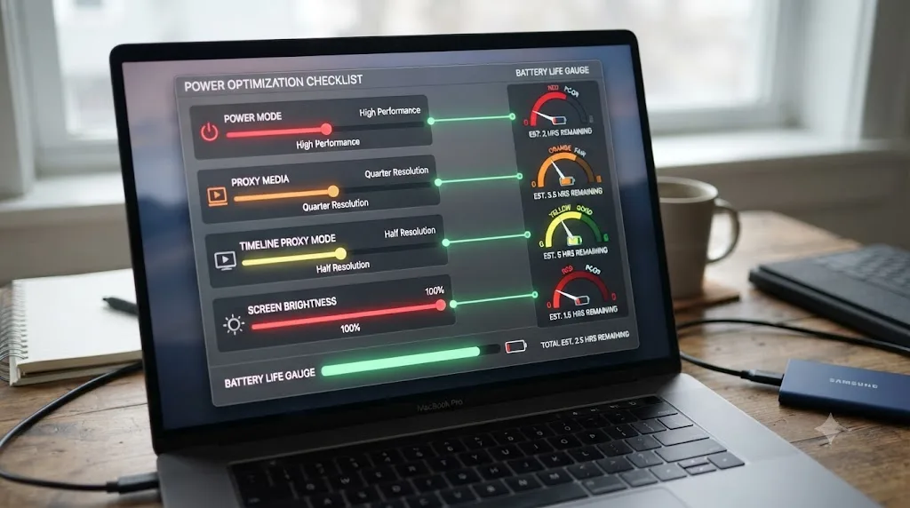 Illustration of a settings checklist showing Power Mode, Proxy Media, and brightness settings each connected to a battery life gauge