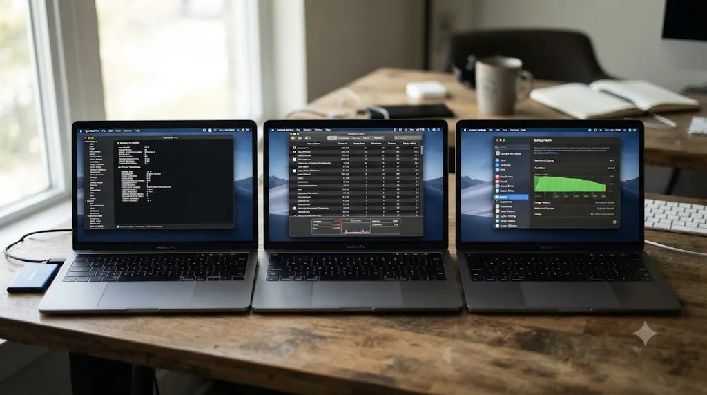 Illustration of a step by step diagnostic sequence checking charger wattage, Activity Monitor energy readings, and battery health on a MacBook Pro