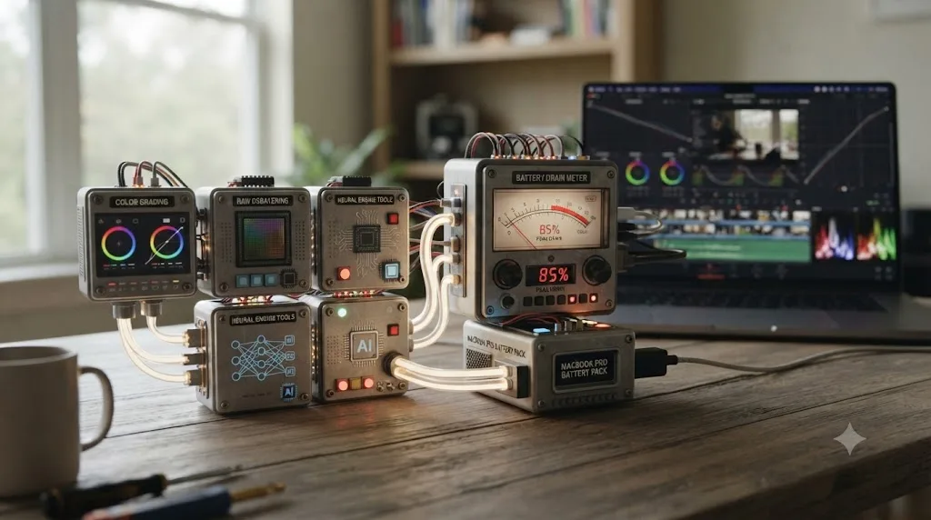 Illustration comparing color grading, RAW debayering, and Neural Engine tools as separate sources of battery drain in DaVinci Resolve