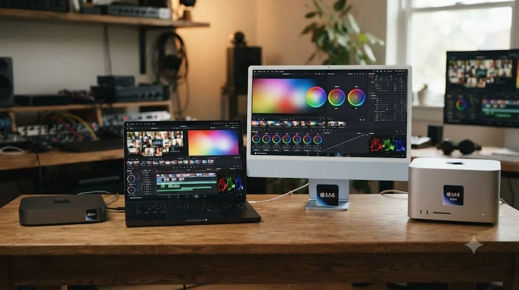 Illustration of four Mac models, Mac mini, MacBook Pro, iMac, and Mac Studio, labeled with their M4-generation chip options