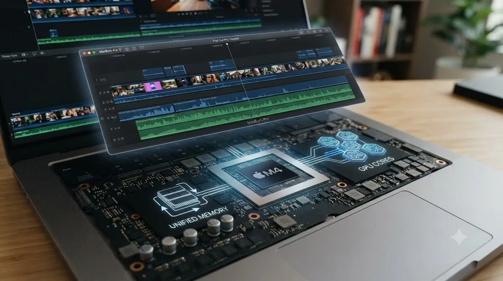 Illustration of a DaVinci Resolve timeline on an Apple Silicon M4 Mac with unified memory and GPU core icons overlaid