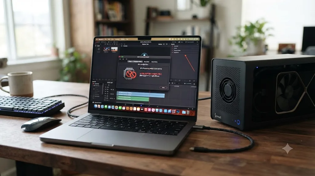 Illustration of an external GPU enclosure connected to an Apple Silicon Mac, showing that graphics acceleration is not available