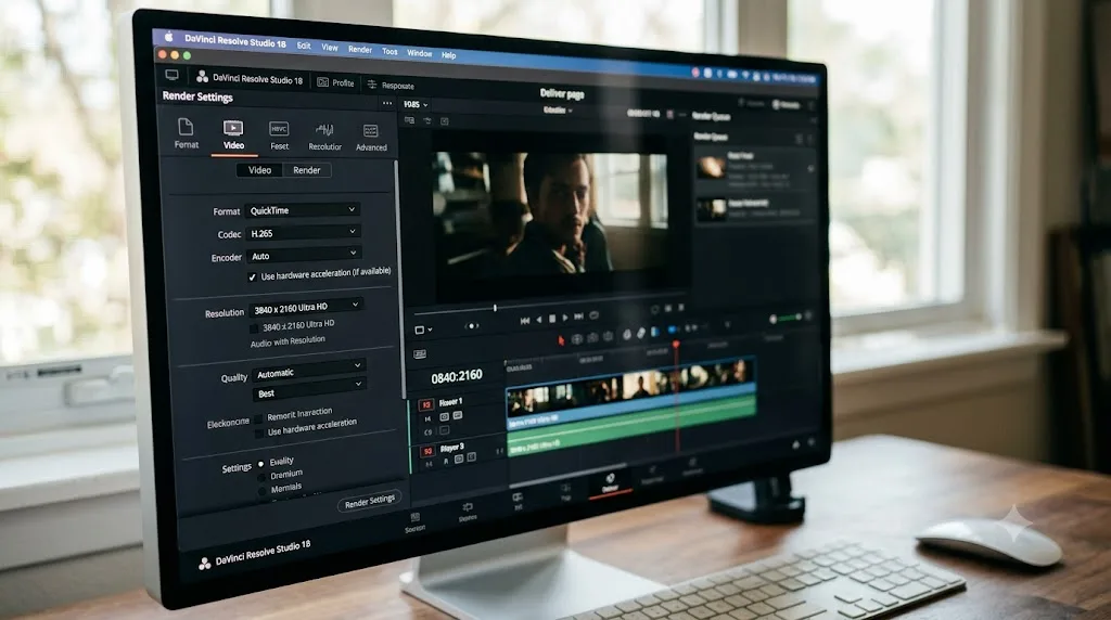 Illustration of the DaVinci Resolve Deliver page export settings with the hardware encoder set to Auto on a Mac