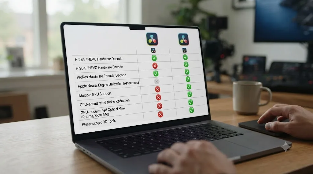 Illustration of a comparison table showing DaVinci Resolve free versus Studio features on an Apple Silicon Mac