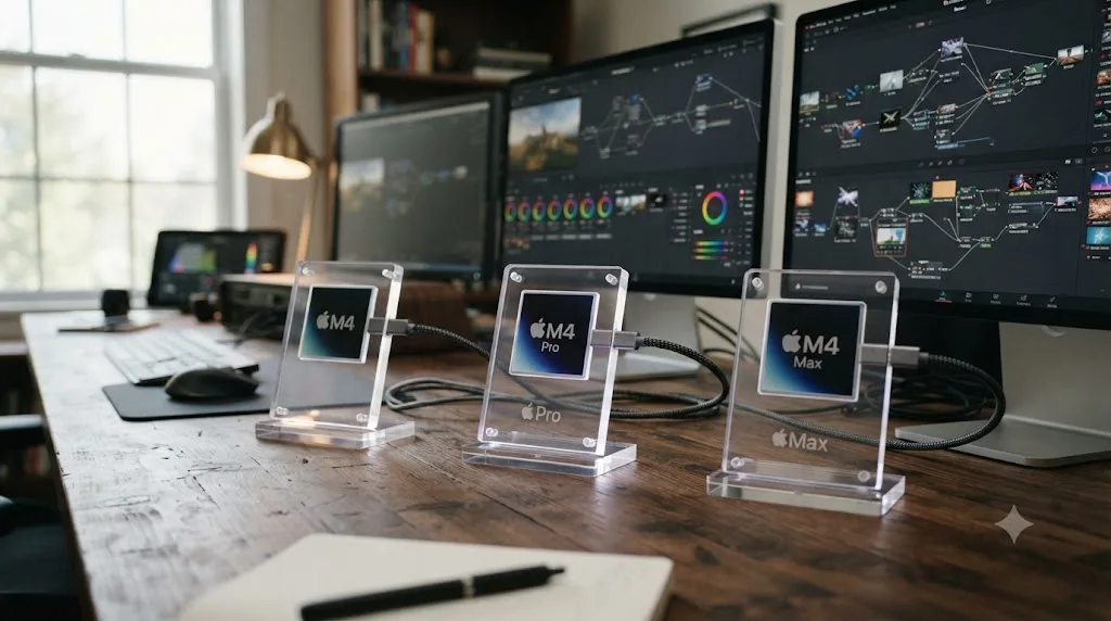 Illustration comparing Fusion and color grading workload capacity across M4, M4 Pro, and M4 Max chips