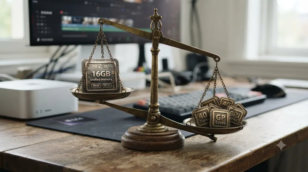Illustration of a balance scale weighing unified memory against GPU core count for DaVinci Resolve performance