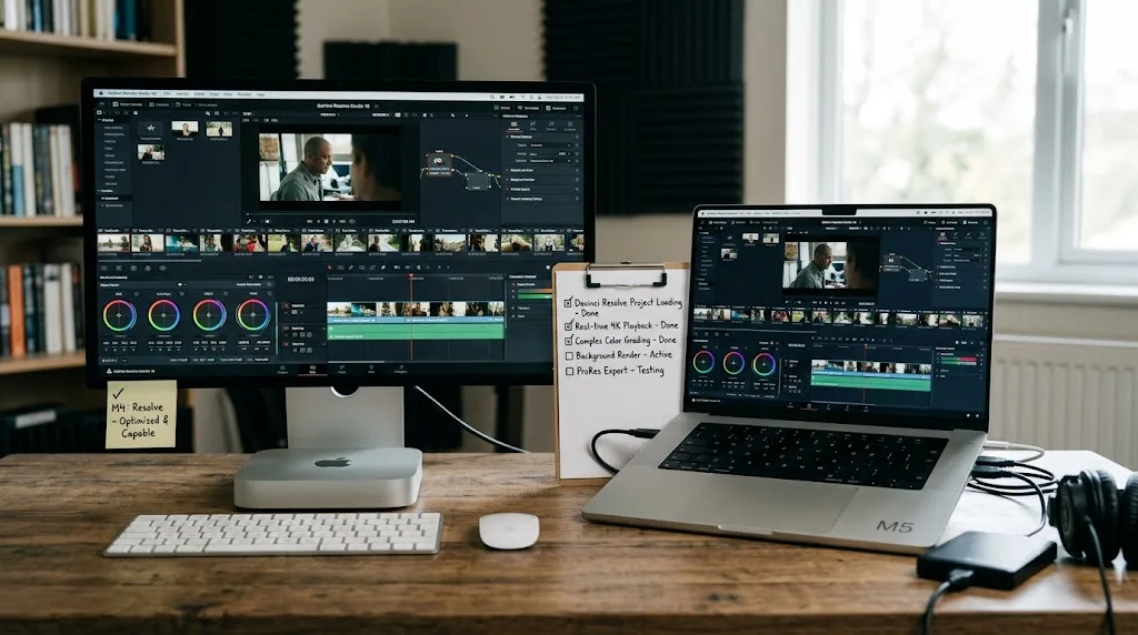 Illustration comparing an M4 Mac and a newer M5 MacBook Pro both running DaVinci Resolve equally well