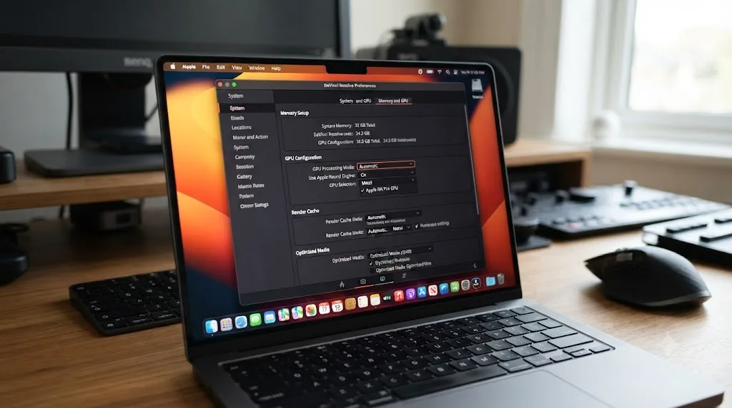 Illustration of the DaVinci Resolve Preferences panel on an Apple Silicon Mac with Performance Mode and Memory and GPU settings visible