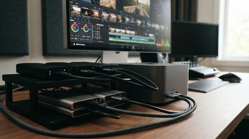 Illustration of external SSD storage tiers feeding a DaVinci Resolve timeline through Thunderbolt 4 and Thunderbolt 5 on an Apple Silicon Mac