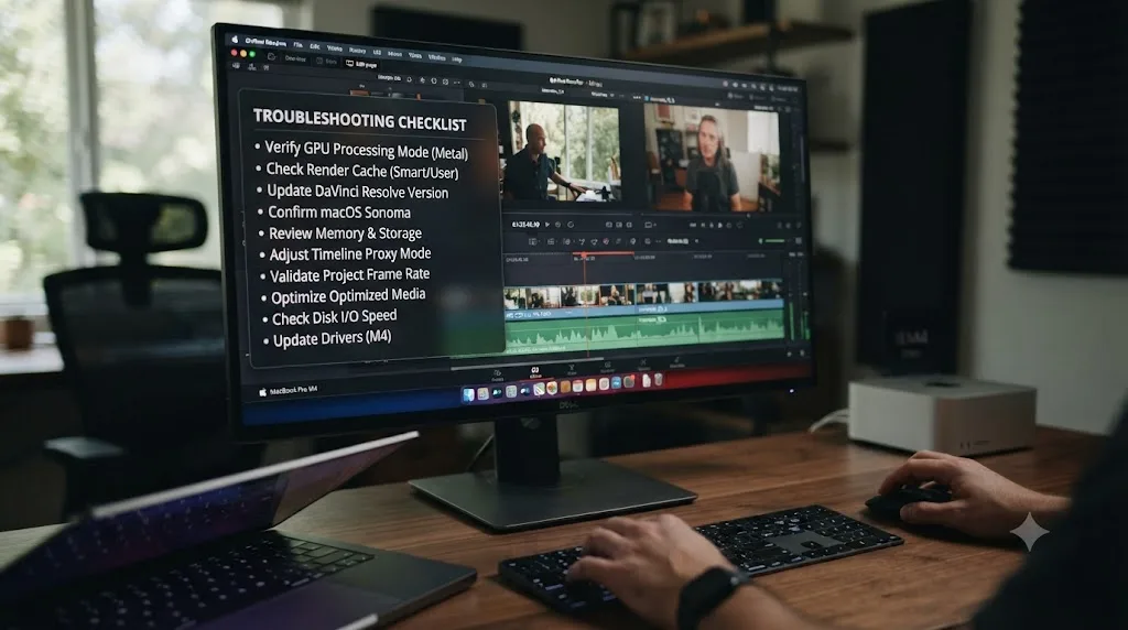 Illustration of a troubleshooting checklist overlaid on a DaVinci Resolve timeline running on an Apple Silicon M4 Mac