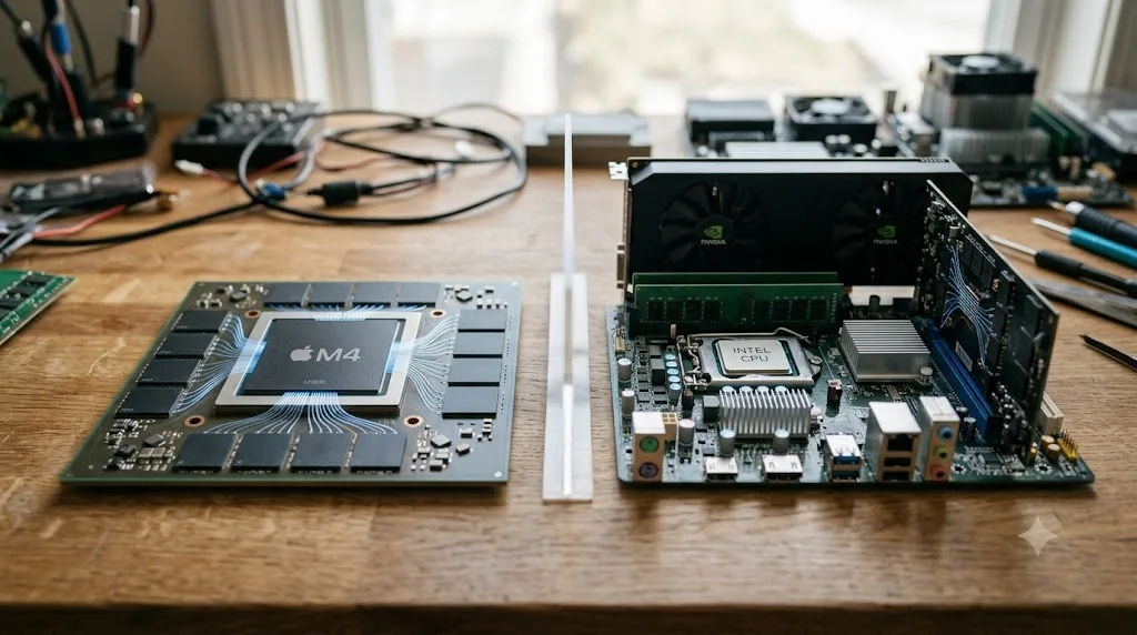 Illustration of Apple Silicon unified memory feeding both CPU and GPU from one shared pool, compared with separate RAM and VRAM on a traditional PC
