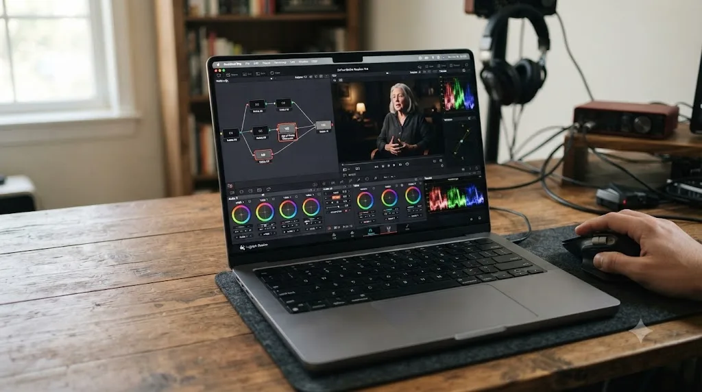 Illustration of a base M4 MacBook Pro editing a documentary interview project in DaVinci Resolve with a noise reduction node applied